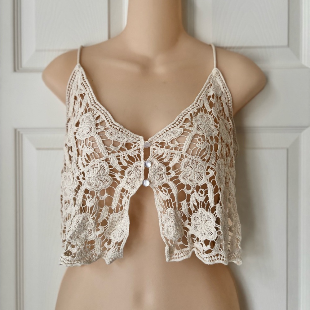 Boho Knit Button Up Spaghetti Strap Cream Crop Top • One Size • SHEIN • NWOT